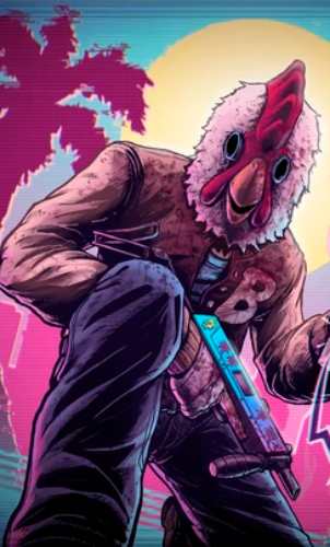 Jacket from Hotline Miami synthwave action reference showing letterman jacket and rooster mask