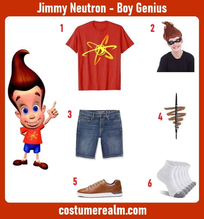 Jimmy Neutron Halloween costume infographic showing nuclear logo t-shirt, red pointy wig, blue chino shorts, and brown dress sneakers