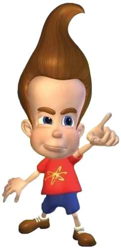 Jimmy Neutron costume reference showing red spiky hair and nuclear logo t-shirt