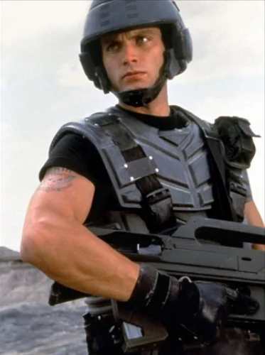 Johnny Rico costume reference showing MICH-2000 helmet and chest armor