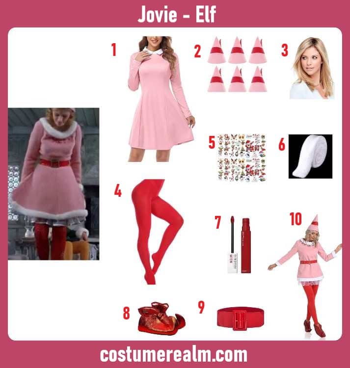 Jovie from Elf Halloween costume infographic showing pink dress, elf hat, red belt, pantyhose, and red elf shoes