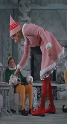 Jovie from Elf full body movie reference showing complete pink and red costume
