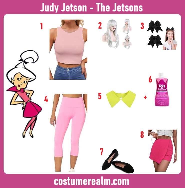 Judy Jetson Halloween costume infographic showing pink crop top, white wig, black hair bows, pink skirt, and black flats