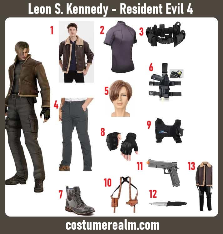 Leon Kennedy from Resident Evil 4 Halloween costume infographic showing fur leather jacket, tactical belt, holsters, and brown wig