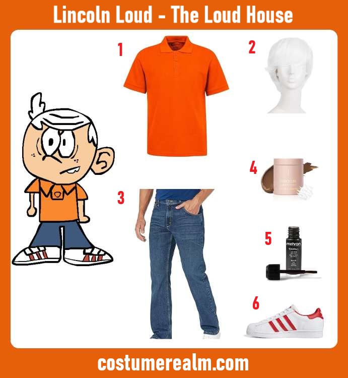 Lincoln Loud from The Loud House Halloween costume infographic showing orange polo, white wig, jeans, and striped sneakers