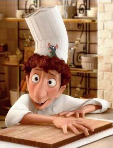 Linguini holding Remy the rat in his chef uniform from Ratatouille