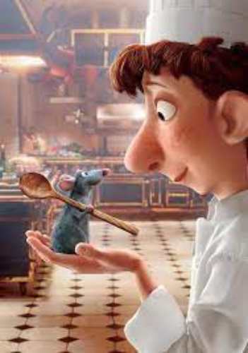 Linguini with Remy the rat perched on his head steering him in the Ratatouille kitchen