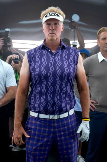Lonnie Hawkins in a loud purple and pink golf outfit with visor and curly blonde hair from Netflix's The Hawk