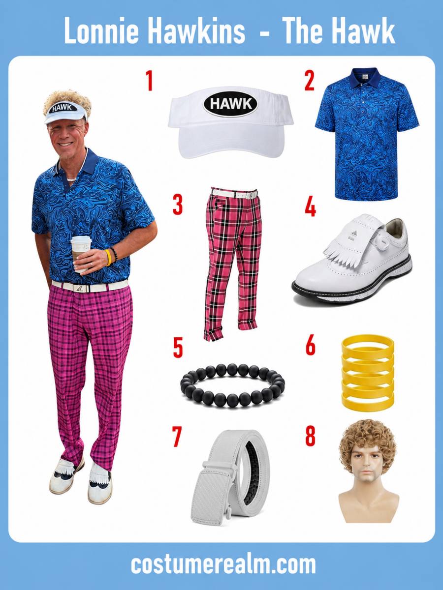 Lonnie Hawkins The Hawk golf Halloween costume infographic showing HAWK patch visor, blue swirl golf polo, pink plaid golf pants, kiltie golf shoes, bead bracelet, wristband, golf belt, and curly blonde wig