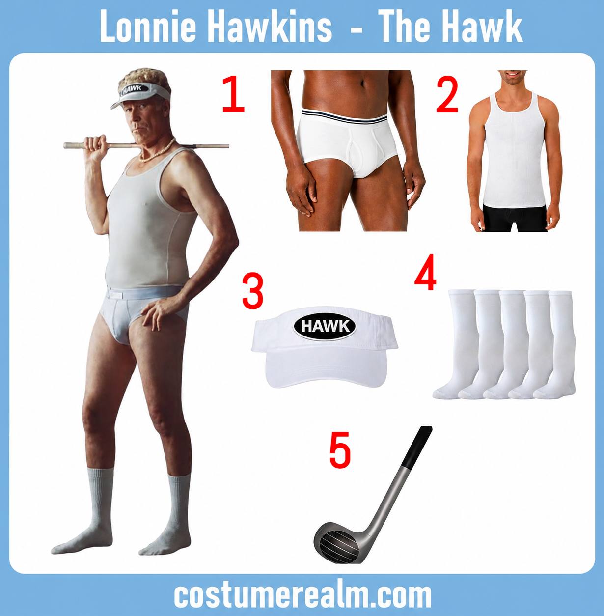 Lonnie Hawkins Skims campaign Halloween costume infographic showing white briefs, ribbed tank top, HAWK patch visor, tube socks, and golf club prop