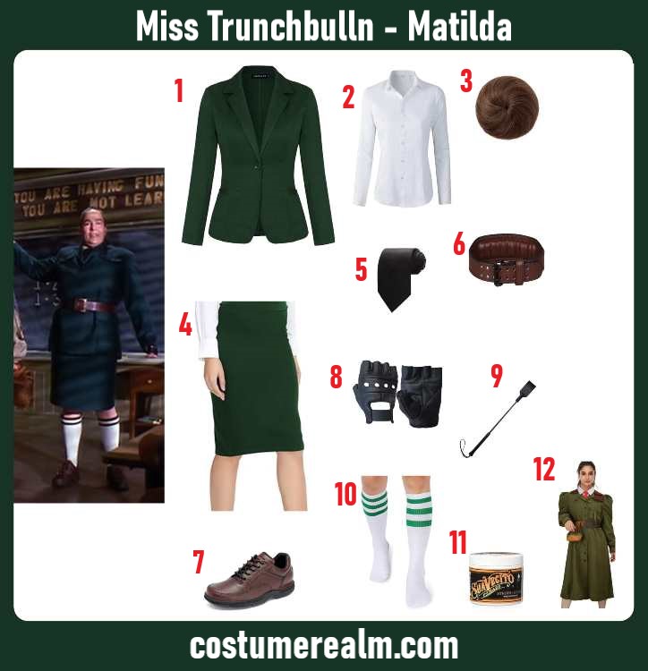 Miss Trunchbull from Matilda Halloween costume infographic showing green blazer, midi skirt, necktie, and riding whip