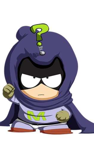 Mysterion angry pose costume reference showing full purple superhero outfit