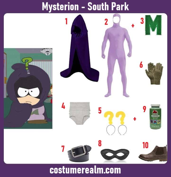 Mysterion from South Park Halloween costume infographic showing purple hooded cloak, violet bodysuit, mask, and question mark headband