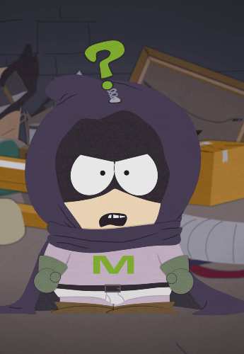 Mysterion speaking pose costume reference showing purple cloak and mask