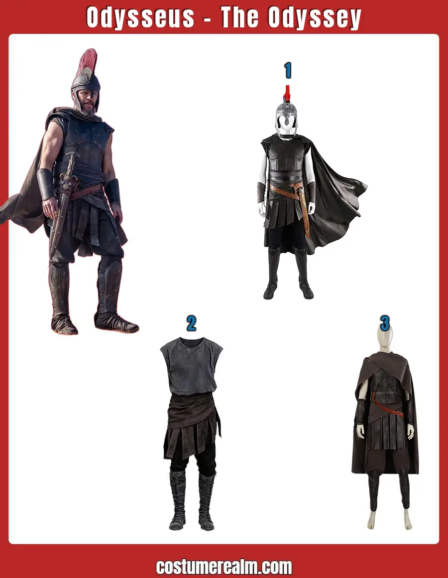 Pre-made Odysseus costume options from The Odyssey including a deluxe costume set, tunic cosplay set, and full uniform