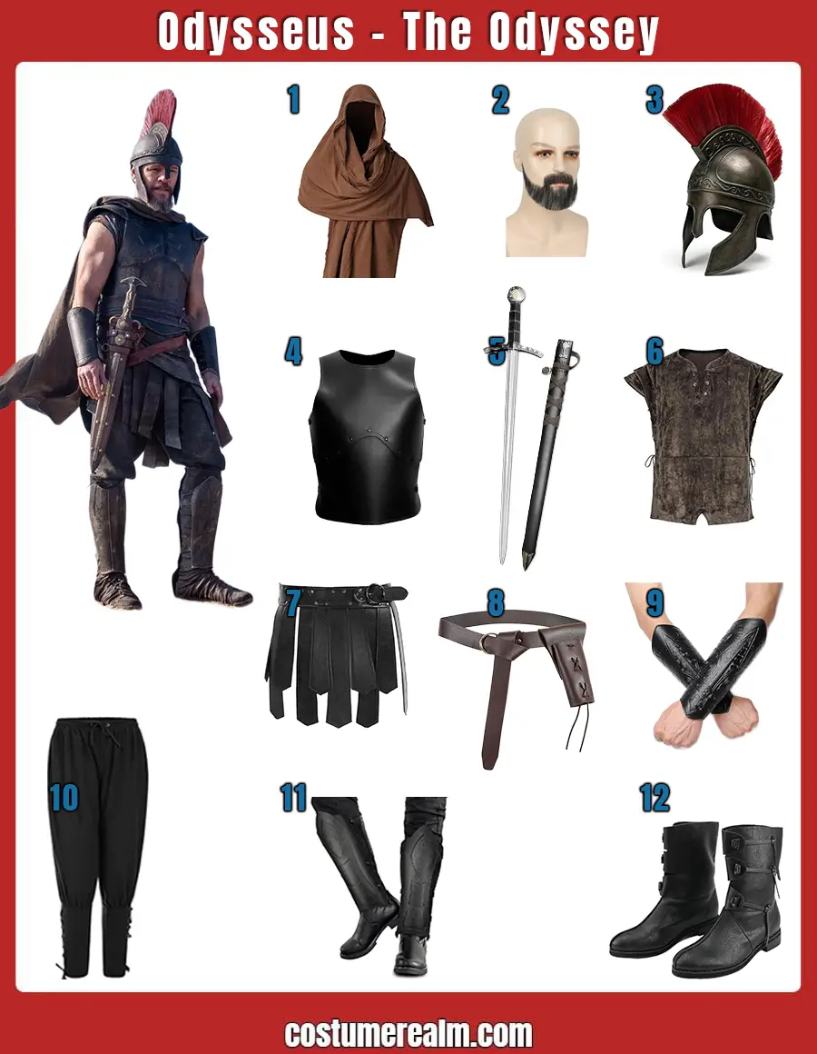 Odysseus from The Odyssey Halloween costume infographic showing red-plumed Spartan helmet, black leather chest armor, sword, belt, shawl, and other build pieces laid out
