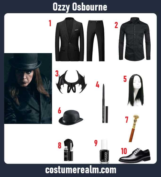 Ozzy Osbourne Halloween costume infographic showing black suit, dark wig, bowler hat, and cane