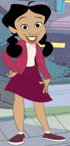 Penny Proud standing in her full pink and burgundy outfit from The Proud Family with piggy tail wig