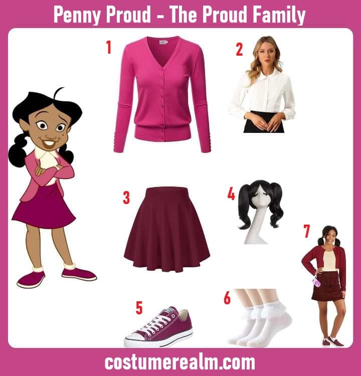 Penny Proud from The Proud Family Halloween costume infographic showing pink cardigan, collar shirt, skirt, and piggy tail wig