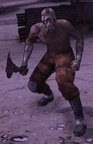 Psycho Borderlands Halloween costume reference showing the white mask, scavenged gear, and stage blood details