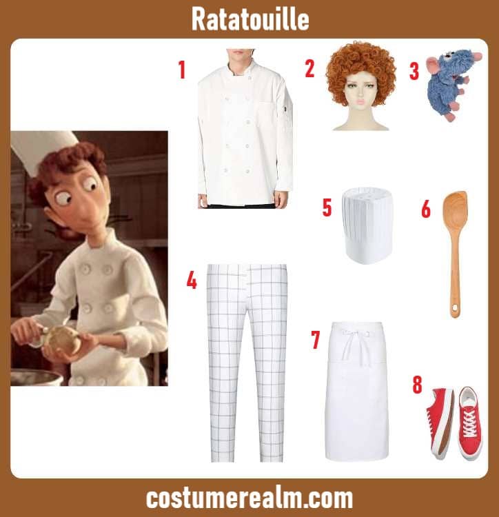 Ratatouille Halloween costume infographic showing white chef jacket, chef hat, apron, and Remy the rat plush