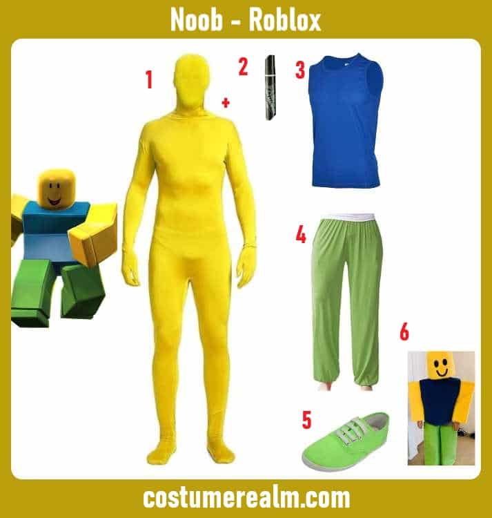 Roblox Noob Halloween costume infographic showing yellow bodysuit, royal blue tank top, and green pants