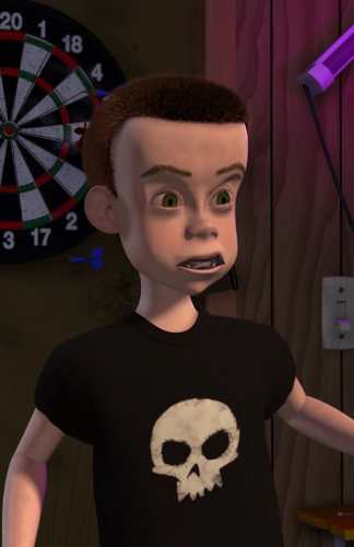 Close-up of Sid's expression from Toy Story, reference for the group costume section