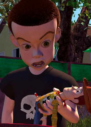 Sid holding a Sheriff Woody toy from Toy Story, reference image for the Halloween costume