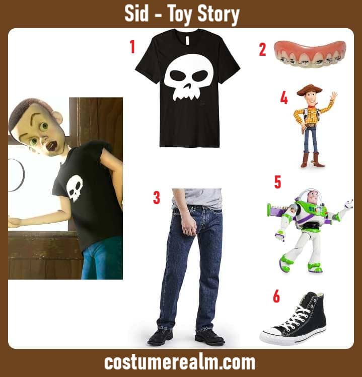Sid Halloween costume infographic showing black skull t-shirt, costume braces, dark stonewash jeans, black high-top sneakers, Woody toy, and Buzz Lightyear toy