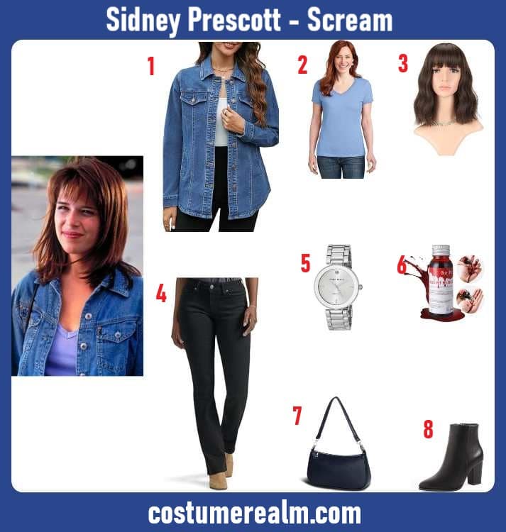 Sidney Prescott Halloween costume infographic showing denim jacket, light blue v-neck tee, brown wig, black jeans, silver watch, stage blood, shoulder bag, and ankle boots