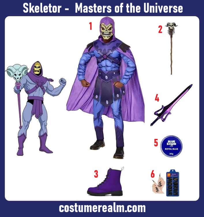 Skeletor Halloween costume infographic showing full jumpsuit with cape and mask, warlock staff, purple boots, cosplay sword, blue body paint, and black nails