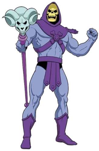 Skeletor from Masters of the Universe wearing the purple harness and skull mask used for the Halloween costume