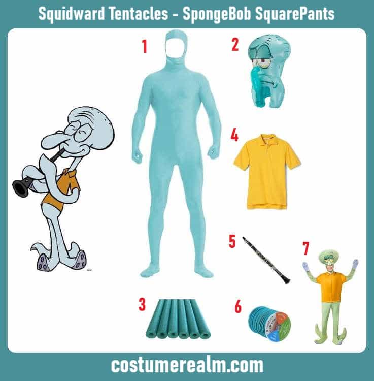 Squidward Halloween costume infographic showing light blue bodysuit, mask, pool noodle tentacles, brown polo shirt, clarinet, and inflatable costume option