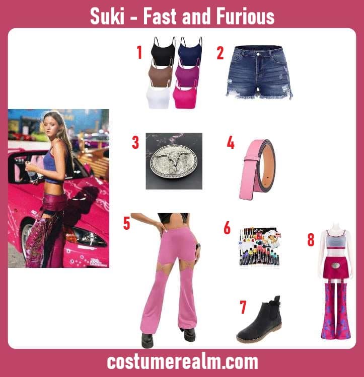 Suki Halloween costume infographic showing layered pink and purple crop tops, denim shorts, bull head belt buckle, pink cutout chaps, and black Chelsea boots