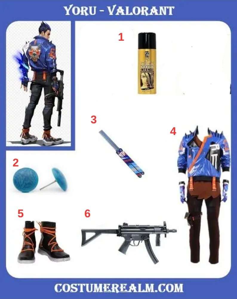 Yoru from Valorant cosplay infographic showing blue spiked hair, wolf-emblem jacket, stud earrings, cosplay shoes, and toy rifle