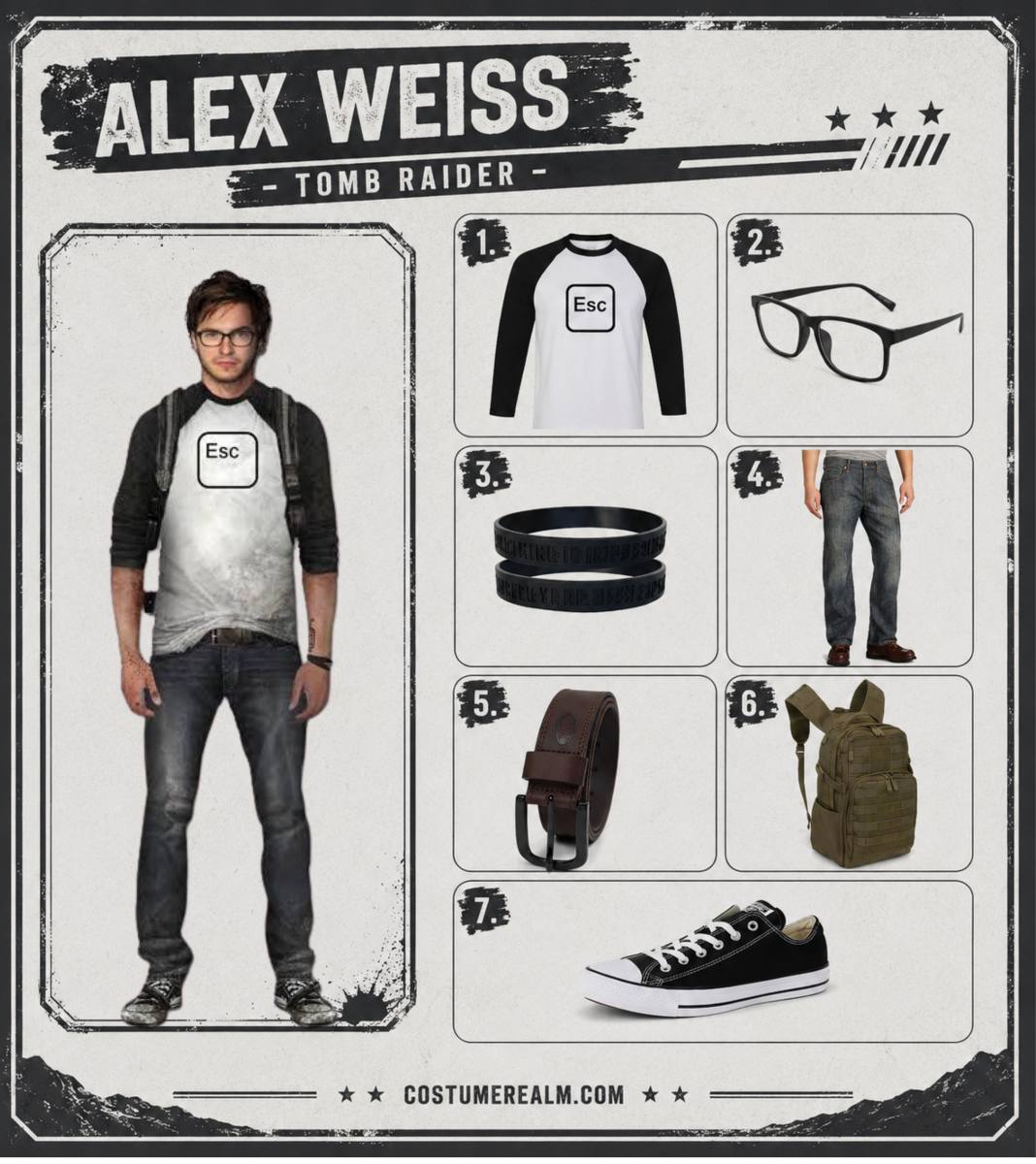 Alex Weiss Tomb Raider Halloween costume infographic showing Esc key raglan shirt, clear lens glasses, black silicone wristbands, jeans, brown belt, tactical backpack, and black sneakers