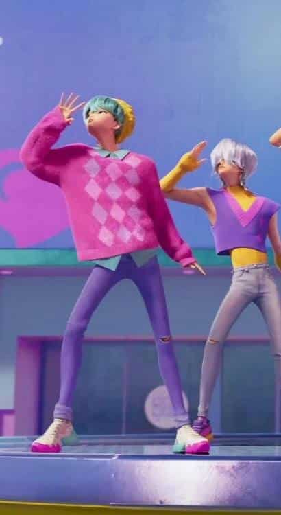 Baby Saja from KPop Demon Hunters mid-dance move in his pink argyle sweater and yellow beret, reference for the Halloween costume