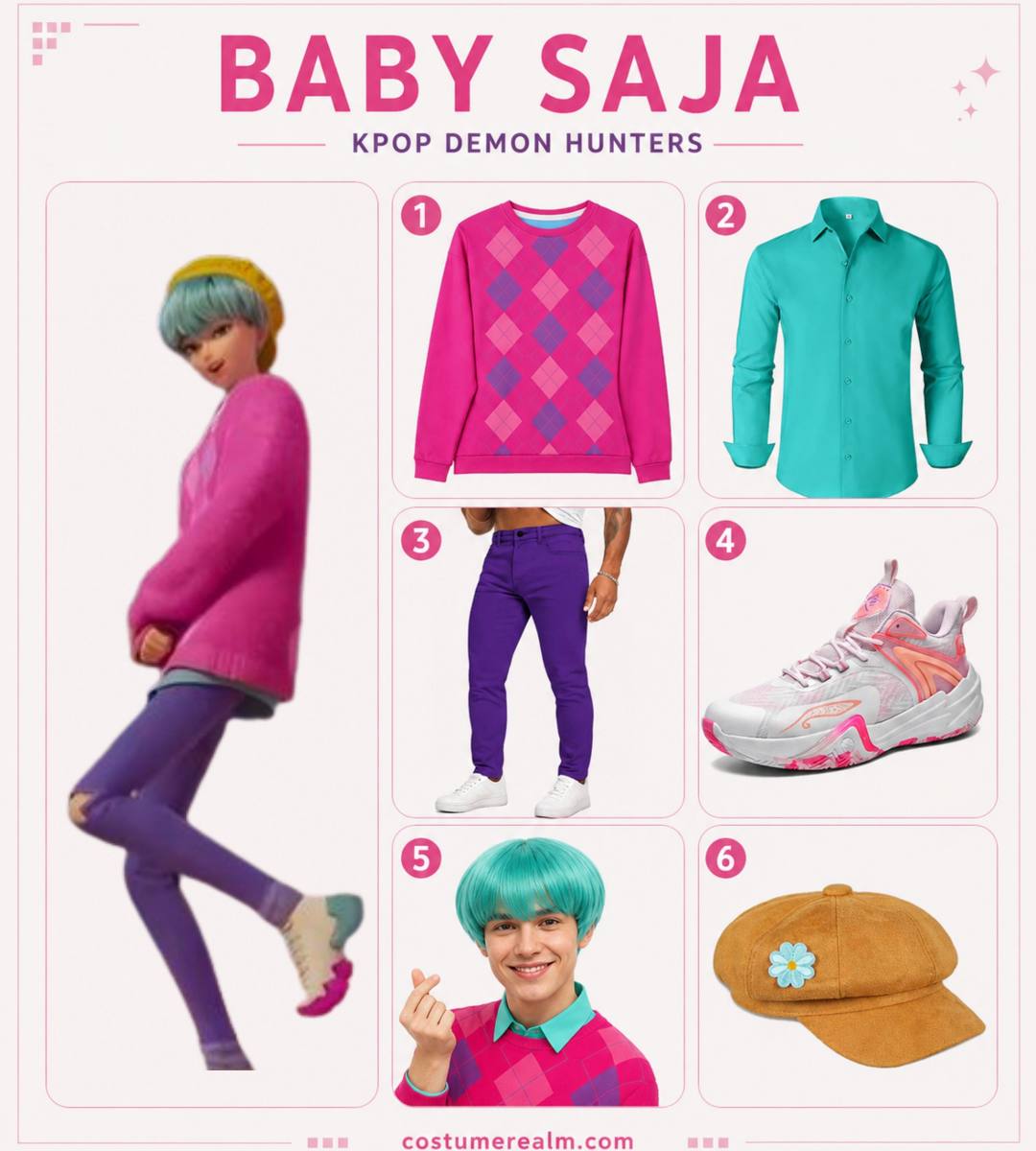Baby Saja from KPop Demon Hunters Halloween costume infographic showing pink argyle sweater, teal button-up shirt, purple slim fit pants, pink and white chunky sneakers, green wig, and yellow beret