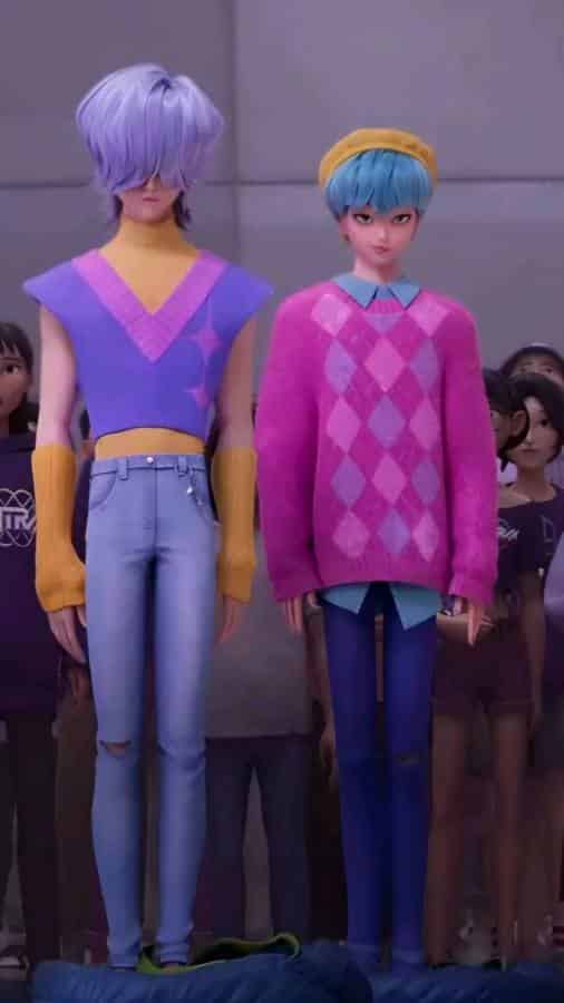 Baby Saja from KPop Demon Hunters standing in a pink argyle sweater, purple pants, and yellow beret, reference for the Halloween costume