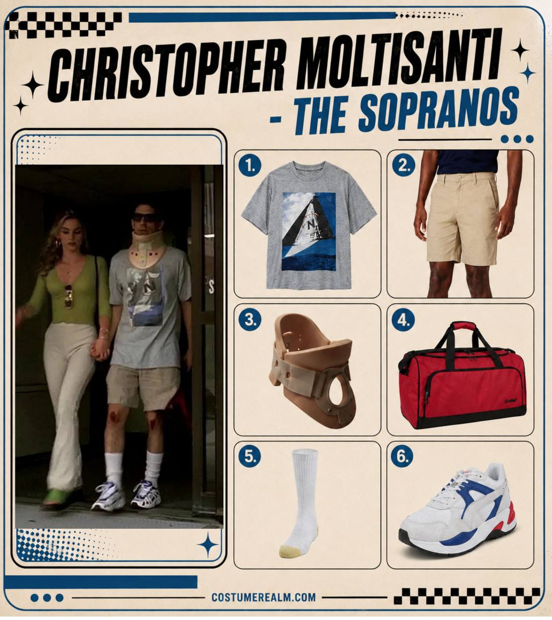 Christopher Moltisanti from The Sopranos Halloween costume infographic showing short sleeve shirt, khaki shorts, neck brace, red sports bag, white socks, and running shoes