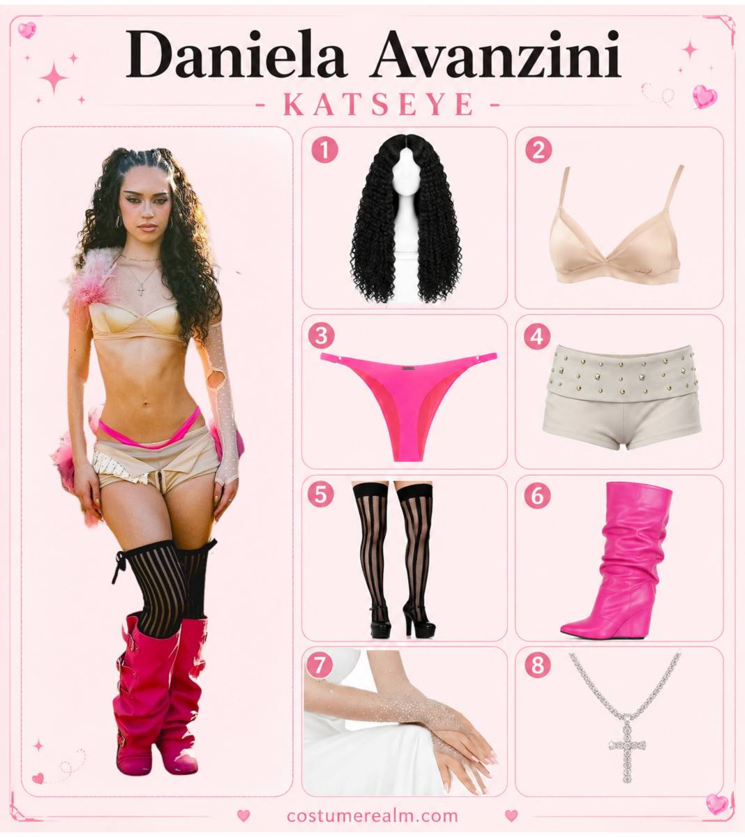Daniela Avanzini KATSEYE Coachella outfit infographic showing curly twin-pigtail wig, nude bralette top, hot pink bikini bottom, khaki shorts, striped stockings, pink boots, arm sleeve, and cross necklace