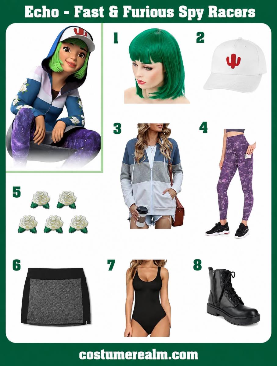 Echo Fast and Furious Spy Racers Halloween costume infographic showing a green bob wig, red cactus embroidered baseball cap, blue and grey two-tone jacket, purple patterned running tights, white rose patches, grey mini skirt, black bodysuit, and black combat boots