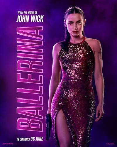 Official Ballerina movie poster showing Eve Macarro in a burgundy sequin halter dress with a high slit, holding a gun, reference for the Halloween costume