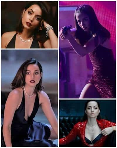 Ana de Armas as Eve Macarro styling moodboard showing multiple looks from Ballerina, reference for the Halloween costume