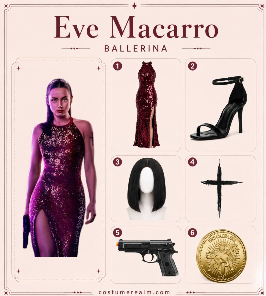 Eve Macarro from Ballerina Halloween costume infographic showing burgundy sequin halter dress, black ankle strap heels, dark straight wig, Latin cross tattoo, black prop pistol, and John Wick Continental gold coin replica