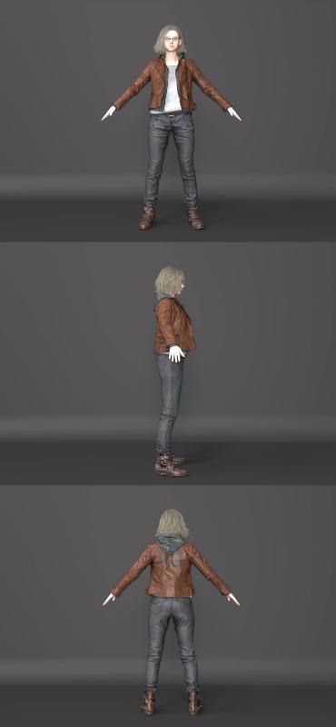 Three-angle reference of Grace Ashcroft's Resident Evil Requiem outfit showing the brown leather jacket, jeans, and boots from front, side, and back