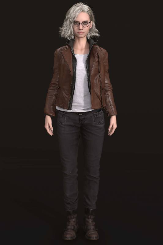 Grace Ashcroft in Resident Evil Requiem wearing a brown leather jacket over a white top with dark jeans and combat boots, reference for the Halloween costume