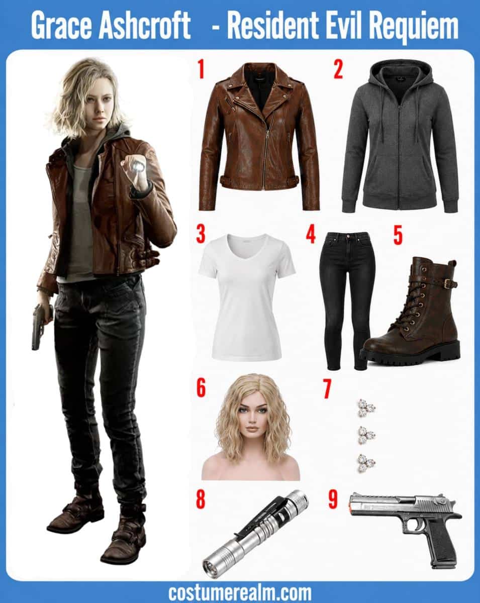 Grace Ashcroft from Resident Evil Requiem Halloween costume infographic showing brown leather jacket, grey hoodie, white t-shirt, dark jeans, combat boots, blonde wig, stud earrings, flashlight, and foam handgun prop