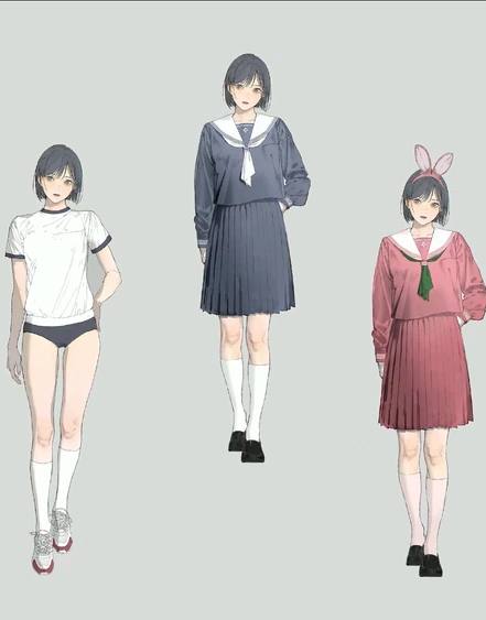 Official concept art of Hinako Shimizu from Silent Hill f wearing her navy sailor school uniform with red scarf, reference for the Halloween costume