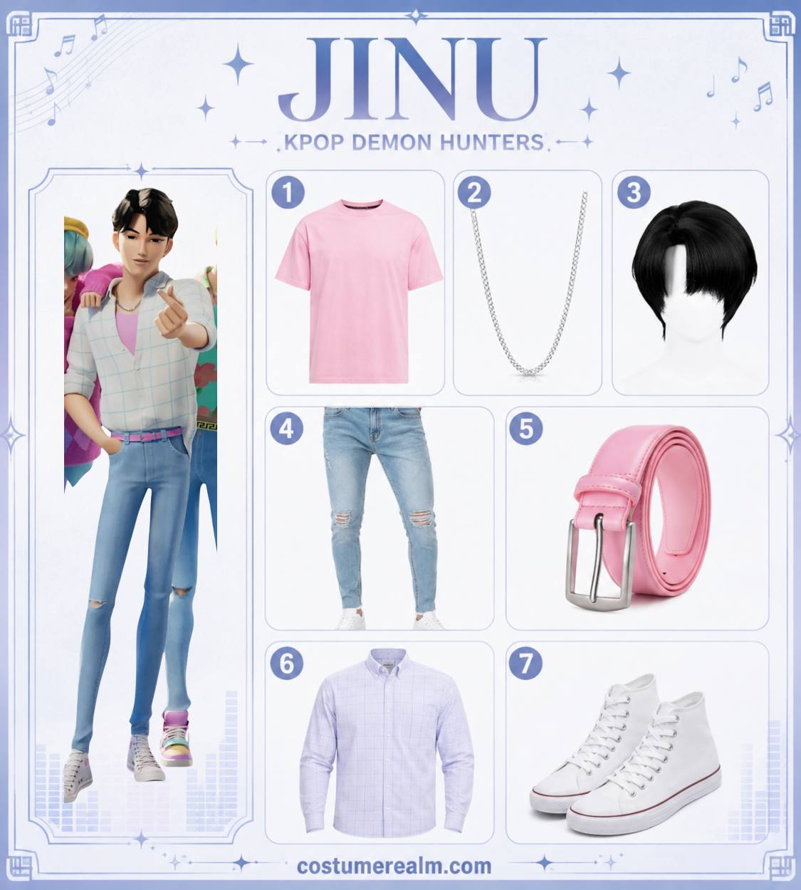 Jinu from KPop Demon Hunters Halloween costume infographic showing light pink crewneck t-shirt, light blue plaid button-up shirt, light wash distressed jeans, pink leather belt, black side-part wig, silver Cuban link chain, and white high-top sneakers